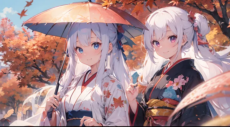 3 girls go to the fuji kawaguchiko autumn festival, wearing kimonos, best quality ,highly detailed, masterpiece, ultra-detailed, one is looking at the falling autumn leaves, the other two are talking, laughing with each other, one a person with iridescent ...