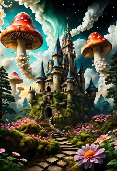 (((masterpiece))), (((best quality))), ((intricate detailed)), ((Hyperrealistic)), (Swirling clouds and colorful flowers), (forest fireflies fantasy japanese mushroom castle kingdom), beautiful background, light particles, sun rays, dramatic lighting, cine...