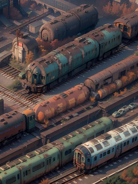 decay, train, railway, isometric, digital art, smog, pollution, toxic waste, chimneys and railroads, 3 d render, octane render, volumetrics