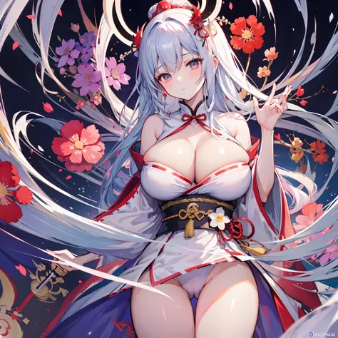 Japan Priestess，gigantic cleavage breasts，spread their legs，Under the crotch is a pot of flowers，Banquet