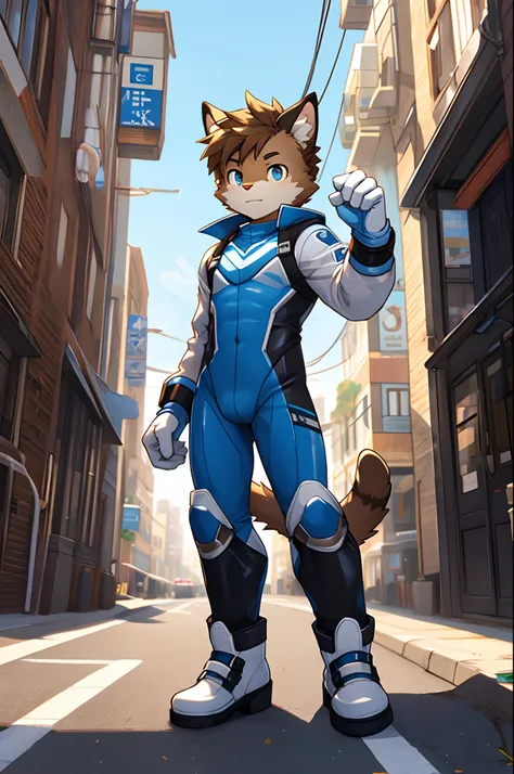 furry,1boy, brown cat boy, white pattern, blue tight bodysuit, young hero, white gloves, white boots, street background