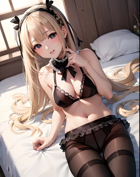 ​masterpiece、hiquality、1girl in、独奏、Marie Rose、cowboy  shot、embarassed expression、Bedroom、((Black bra))、((Black panties))、((pantyhose))、sleep on ones back