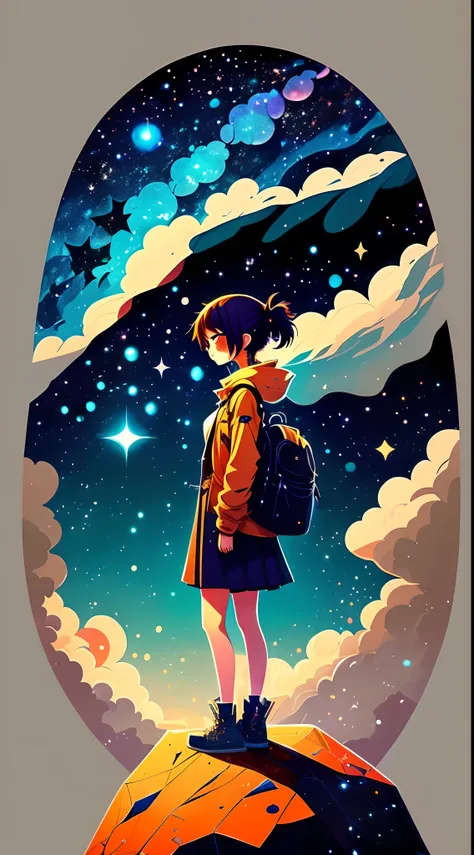 An anime girl standing on a rock、Looking at a sky full of stars, Makoto Shinkai Siriro Roland, anime art wallpaper 4k, anime art wallpaper 4k, Anime art wallpaper 8k, cosmic sky. By Shinkai Makoto, inspired by Cyril Rolando, No Dan Mumford-style artwork, A...