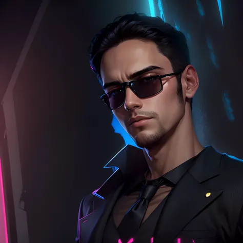 Change the background handsome boy ultra realistic, neon, sunglass, black blazer