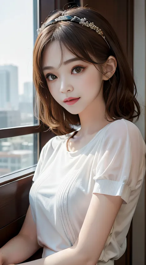 ​masterpiece、Top image quality:1.2、((beautiful young woman with))、Transparent skin:1.2、{A slight smil}、(kawaii)、Transparent short sleeve knit:1.2、luxury hotel、depth of fields、Sharp Focus:1.5、Fine details