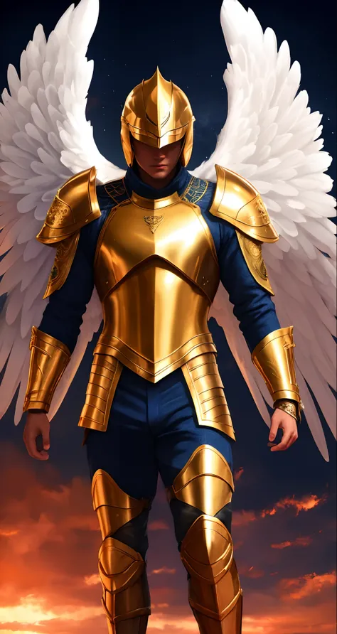 Ultra resolution 8K, Stunning illustration of an angel wearing a futuristic helmet , Warrior prince,Golden athletic body and white suit,de Guerrero Angel, Cinematic lighting