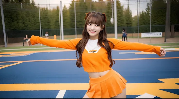 18-year-old cheergirl in an orange miniskirt