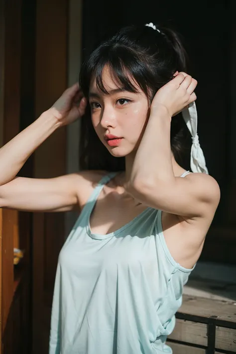 (masterpiece:1.2,best quality,realistic),(1 girl,solo:1.4),asian,(tying her hair:1.2) , naughty eyes, tank top,