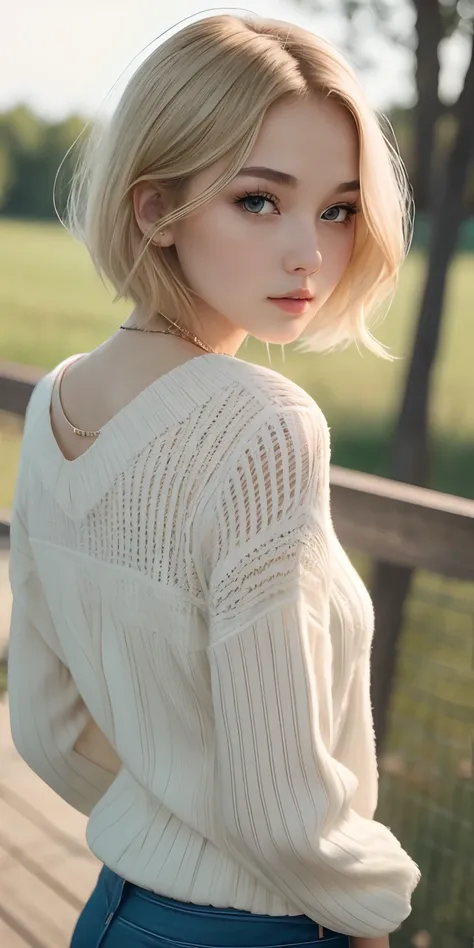 Beautiful Russian girl in her teens、Short blonde hair、