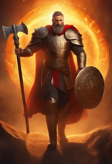 Strong man cleric holding a large hammer with sun symbol in one hand, and in the other a shield with sun symbol, medieval fantasy style