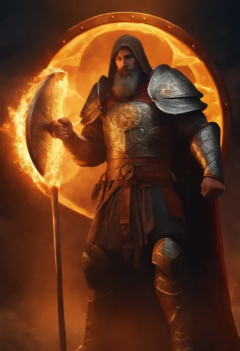 Strong man cleric holding a large hammer with sun symbol in one hand, and in the other a shield with sun symbol, medieval fantasy style