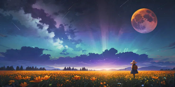 A wide landscape photo, (viewed from below, the sky is above, and the open field is below), a girl standing on a flower field looking up, (full moon: 1.2), (meteor: 0.9), (nebula: 1.3), distant mountains , Trees BREAK Crafting Art, (Warm Light: 1.2), (Fire...