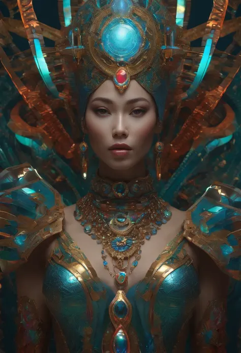 indigenous futurism, indian cybernetic cyborg goddess, cyberpunk, the style of fantastical fantasy compositions, dark prism, eye-catching metallic compositions, symmetrical arrangements, eye-catching iridescent red, blue, green,yellow,bright neon,luminous,...