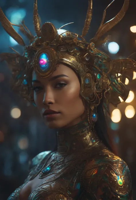 indigenous futurism, indian cybernetic cyborg goddess, cyberpunk, the style of fantastical fantasy compositions, dark prism, eye-catching metallic compositions, symmetrical arrangements, eye-catching iridescent red, blue, green,yellow,bright neon,luminous,...