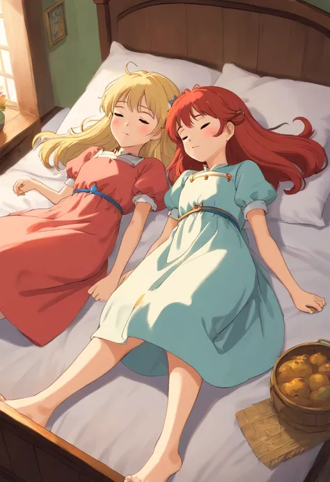 Two 12-year-old princesses，A blonde，A redhead，Barefoot，Sleep together in bed，Open the soles of the feet