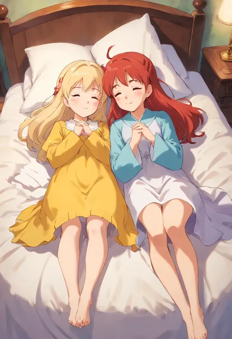 Two 12-year-old princesses，A blonde，A redhead，Barefoot，Sleep together in bed，Open the soles of the feet