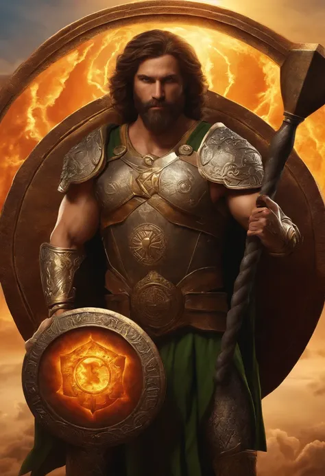 Cleric: strong man holding a large hammer with sun symbol in one hand, and in the other a shield with symbol of the sun