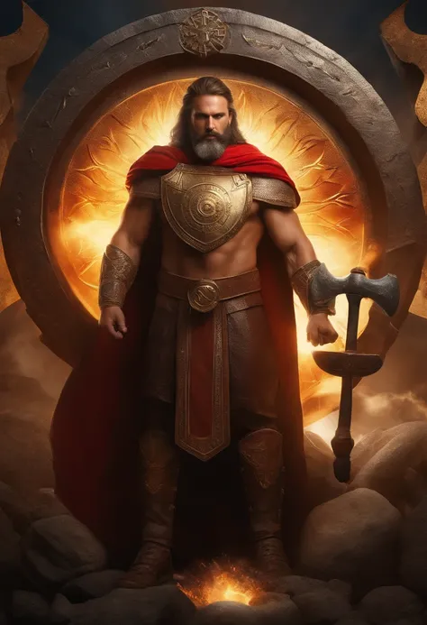 Cleric: strong man holding a large hammer with sun symbol in one hand, and in the other a shield with symbol of the sun