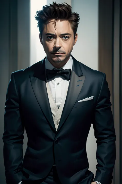 Robert Downey Jr. cara de raiva, em desgaste formal, retrato, Meio Corpo