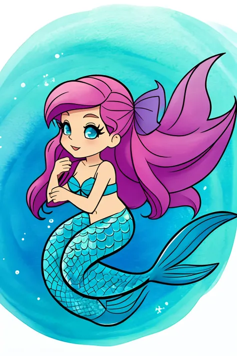 cute mermaid chibi, para capa livro infantil, fundo branco, poucos detalhes, Desenho simples, poucos outros elementos, Adesivo 2D, Corpo inteiro, desenho aquarela