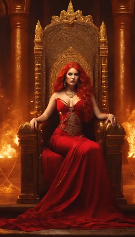 Goddess with fiery hair, in a red dress, Tied up hand and foot, Use golden chains to the magical golden throne