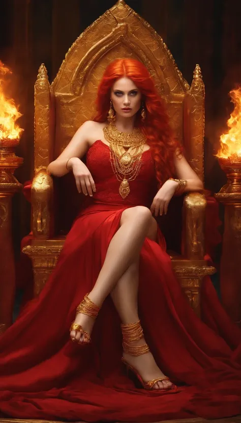 Goddess with fiery hair, in a red dress, Tied up hand and foot, Use golden chains to the magical golden throne