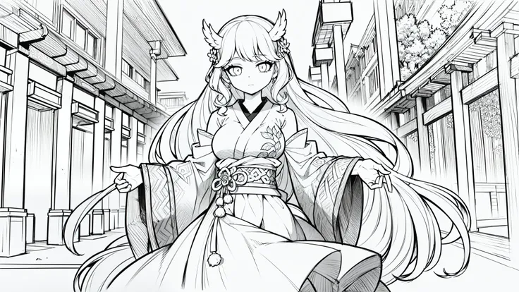 1girl, (very_long_hair, curly_hair, white_hair:1.3) (cowboy shot:1.3), japanese temple, sakura trees, jewelry, (coloring book, masterpiece:1.3), (extremely intricate:1.2), (sketch, doodles, monochrome, lineart:1.2),