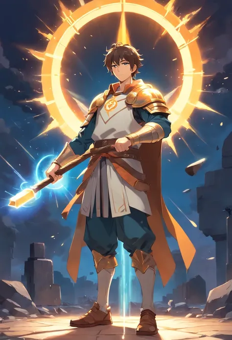 Strong man cleric holding a large hammer with sun symbol in one hand, and in the other a shield with sun symbol, medieval fantasy style