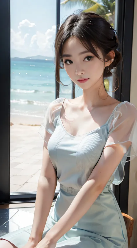 ​masterpiece、Top image quality:1.2、((beautiful young woman with))、Transparent skin:1.2、{A slight smil}、(kawaii)、Transparent short sleeve knit:1.2、luxury hotel、depth of fields、Sharp Focus:1.5、Fine details