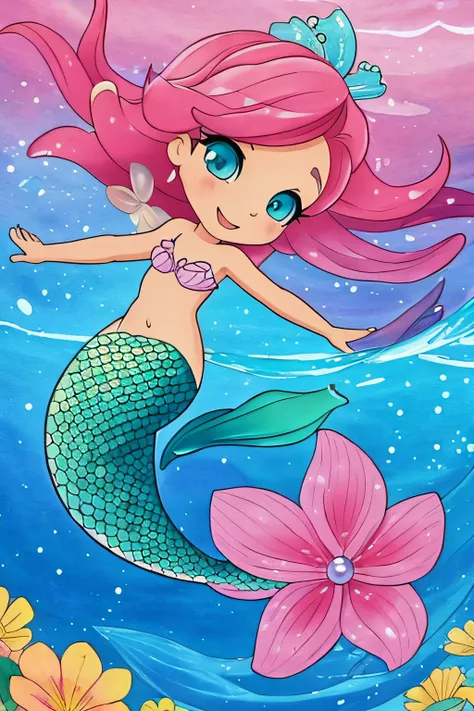 cute mermaid chibi, para capa livro infantil, fundo branco, poucos detalhes, Desenho simples, poucos outros elementos, Adesivo 2D, Corpo inteiro, desenho aquarela