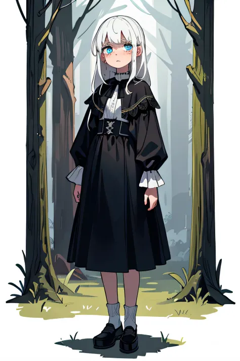 (Best quality,4K,8K,A high resolution,Masterpiece:1.2),Ultra-detailed,Photorealistic,Portrait,Dark atmosphere,fantasy,Blood and tears,sadness,feeling of solitude,Beautiful detailed eyes,Gloomy expression,White hair,Dusk,dreamy dress,magick,Forest backgroun...