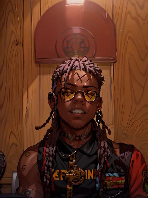 Araffe with dreadlocks and sunglasses sitting in front of a microphone, Neymar Junior, Trippie Redd, Playboi Carti, rapper jewelry, lit sideways, Wiz Khalifa, sicko, Lil Uzi Vert, portrait, in the style of Tyler Mitchell, wearing a bandana and chain