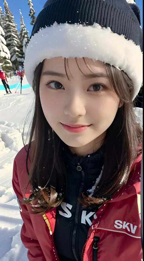 (Close up portrait of one girl with slender small breasts and long hair in colorful ski clothes:1.5)、(One girl skiing with show her face :1.5)、(Snow Ski Garden:1.5)、(Beautiful blue sky 1.5)、(Perfect Anatomy:1.3)、(No mask:1.3)、(complete fingers:1.3)、Photore...