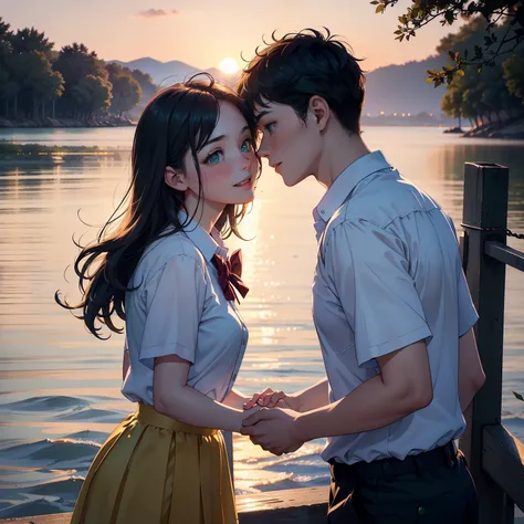 high school,boy,girl,falling in love,beautiful detailed green eyes,beautiful detailed lips,affectionate gaze,holding hands,cute couple,happy together,youthful,vibrant,first love,school uniform,bright green colors,happiness,joyful moments,friends cheering,s...