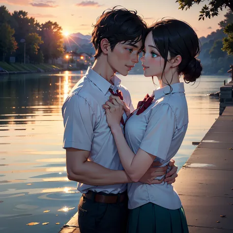 high school,boy,girl,falling in love,beautiful detailed green eyes,beautiful detailed lips,affectionate gaze,holding hands,cute couple,happy together,youthful,vibrant,first love,school uniform,bright green colors,happiness,joyful moments,friends cheering,s...