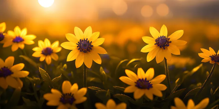 realistic field of flowers, sunrise, european, Miki Asai Macro photography, close-up, hyper detailed, trending on artstation, sharp focus, studio photo, intricate details, highly detailed, by greg rutkowski