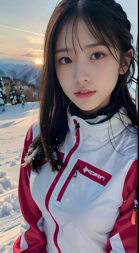 (Close up portrait of one girl with slender small breasts and long hair in colorful ski clothes:1.5)、(One girl skiing with her face :1.5)、(Snow Ski Garden:1.5)、(Beautiful sunset red sky 1.5)、(Perfect Anatomy:1.3)、(No mask:1.3)、(complete fingers:1.3)、Photor...