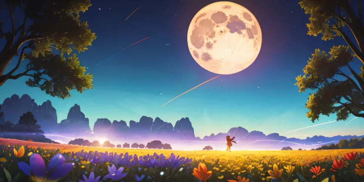 A wide landscape photo, (viewed from below, the sky is above, and the open field is below), a girl standing on a flower field looking up, (full moon: 1.2), (meteor: 0.9), (nebula: 1.3), distant mountains , Trees BREAK Crafting Art, (Warm Light: 1.2), (Fire...