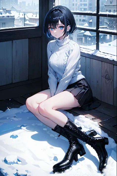 ((8K, high resolution, Masterpiece)) 1 woman ((solo)), short hair, black hair, blue inner hair, blue eyes, ear piercings, white knit, black skirt, black stockings, Black boots, sitting by the window, snow background