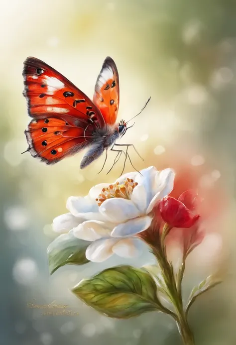 Macro view, Red butterfly on white flower, ultra realistic, depth of field, bokeh, 8k, high octane, 3d light, volumetric light, sunset rays