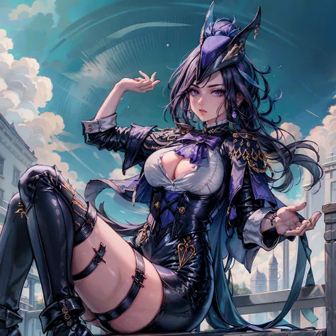 Masterpiece, best quality, highres, highly detailed, 1 girl, long hair, purple hair, purple eyes, large breast, blue earrings in the shape of a water droplet and a bycocket hat, wears a unbottened white dress shirt along with a short blue jacket that hangs...