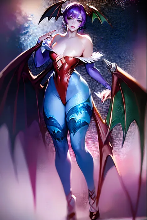 (best quality,masterpiece:1.2),intricate details,beautiful detailed eyes,beautiful detailed lips,extremely detailed eyes and face,longeyelashes,darkstalkers_lilith modeseven,super curvy,comic style,vibrant colors,standing,innocent, full body, standing