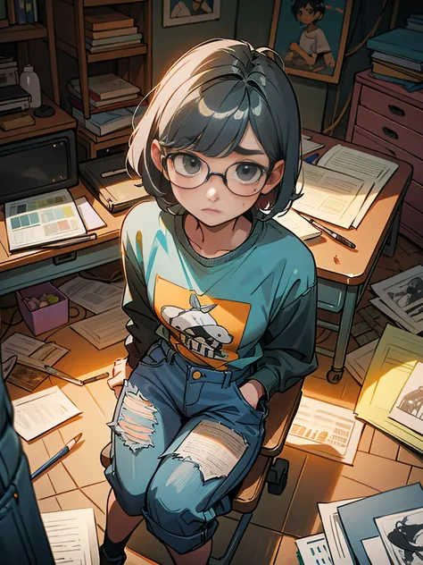 Short Bobs２０Woman wearing teenage glasses is sitting on a chair in an old messy room and drawing on paper on desk、Hair color is black、Dirty baggy denim on dirty baggy t-shirt、There is a lot of A4 paper with pictures on the floor.