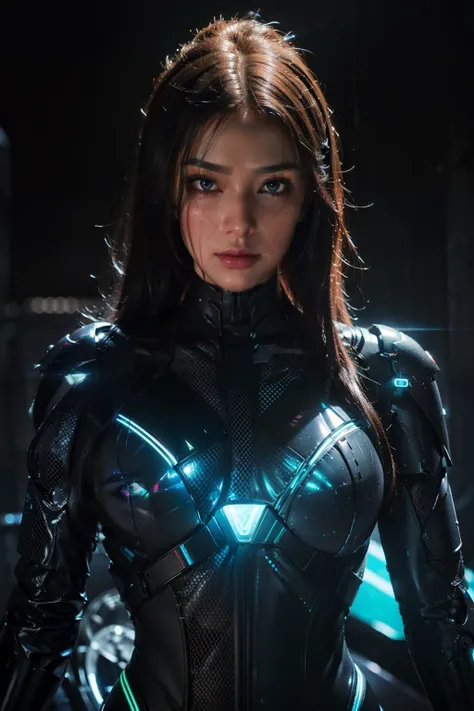 cyborg realistic and intricate perfect beauty face, detailed sharp galaxy glowing eyes, detailed face, (((from face to the waist))), (((thin beauty shape))), ((in realistic neon-lit sci-fi black plugsuit mech metal parts)), masterpiece, 4k, UHD, robotic te...