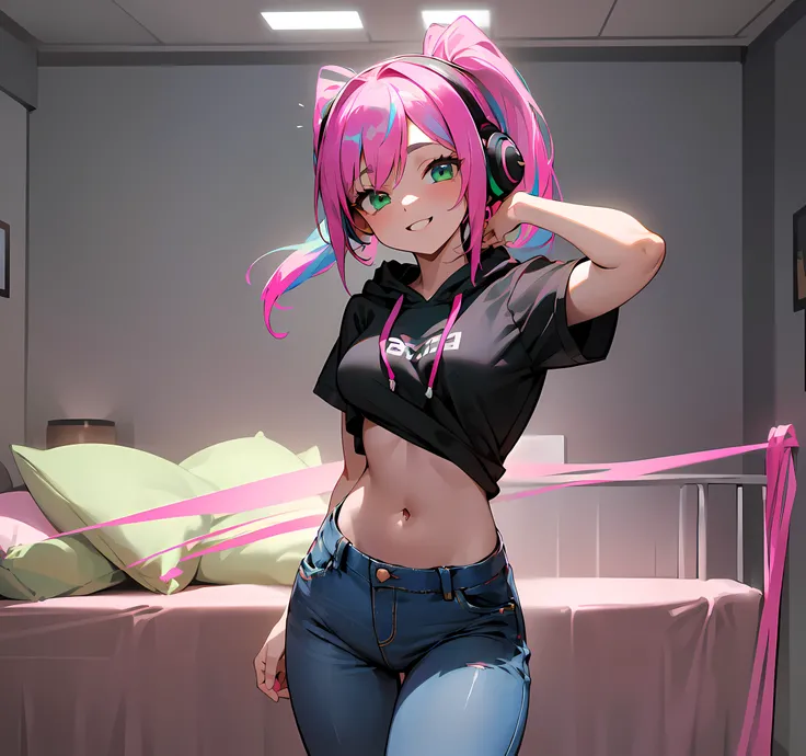 ​masterpiece, 1girl with((20year old, Black short sleeve hoodie exposes navel, tight blue jeans, medium breasts, multicolor pink hair, twin ponytails, green eyes, open chest wide, Happiness, Put on headphones, dance, bedroom)）