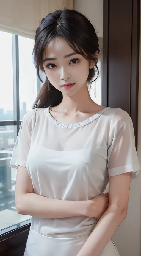 ​masterpiece、Top image quality:1.2、((beautiful young woman with))、Transparent skin:1.2、{A slight smil}、(kawaii)、Transparent short sleeve knit:1.2、luxury hotel、depth of fields、Sharp Focus:1.5、Fine details