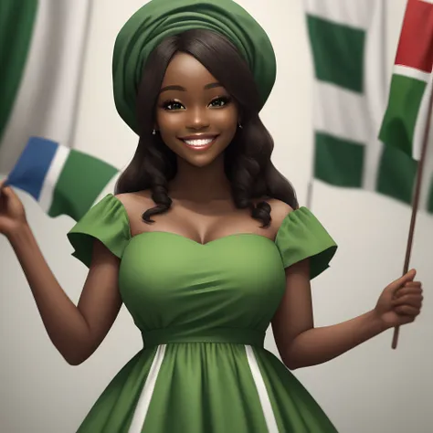 a close up of a woman wearing a green and white dress, Holding Nigeria flag,  dark skin female, smiling