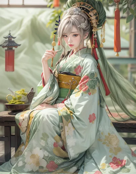 (beautiful model as courtesan in Japanese epic drama:1.3, Date Hyogo hairstyle:1.6, Oiran-style:1.4), (solo), ((face is 80% beauty and elegance, 20% pretty and cute):1.5), (Her roots are in Eastern Europe and Asia), clear eyes, (detailed eyes, light green ...