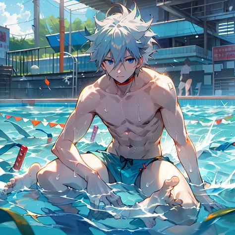 (Best quality, 8K, High-res, Masterpiece:1.2), Blue eyes, full body, Focus on man, ((solo)), swimming trunks, Barefoot males,Kaworu Nagisa