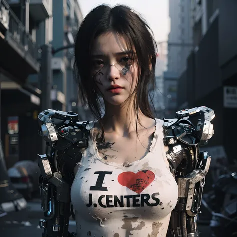 there is a woman with a heart on her chest and a broken arm, in cyberpunk city, cyberpunk 2 0 y. o model girl, cyberpunk art ultrarealistic 8k, hyper-realistic cyberpunk style, cyborg girl, cyberpunk))), cyberpunk jackie welles, cyberpunk girl, cyberpunk a...